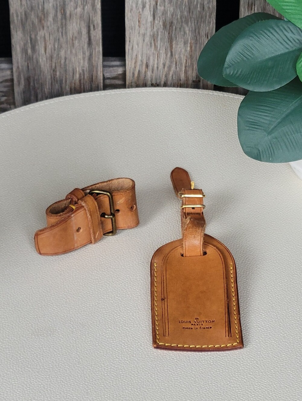 Louis Vuitton Luggage ID Tag & Handle Strap Yellow Stitching and Brass Buckle - Picture 1 of 14